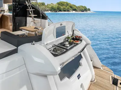 Deck of Ela, a Bavaria R55 Fly motor yacht at Seget Donji, Croatia