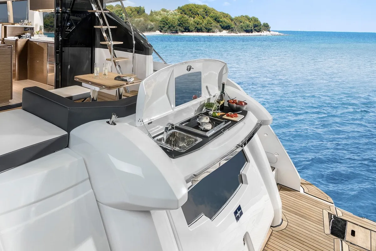 Deck of Ela, a Bavaria R55 Fly motor yacht at Seget Donji, Croatia