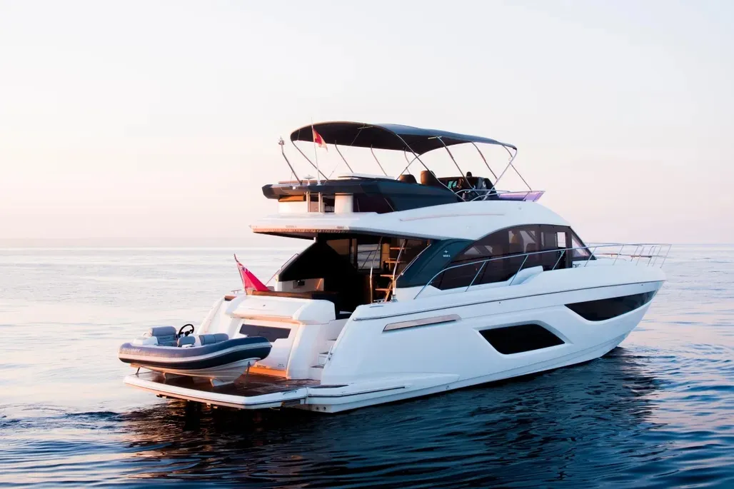 Exterior view of Ela, a Bavaria R55 Fly motor yacht at Seget Donji, Croatia