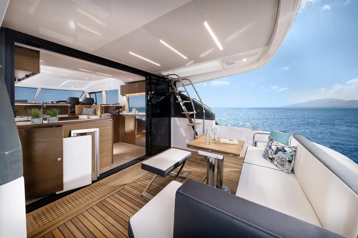 Deck of Ela, a Bavaria R55 Fly motor yacht at Seget Donji, Croatia