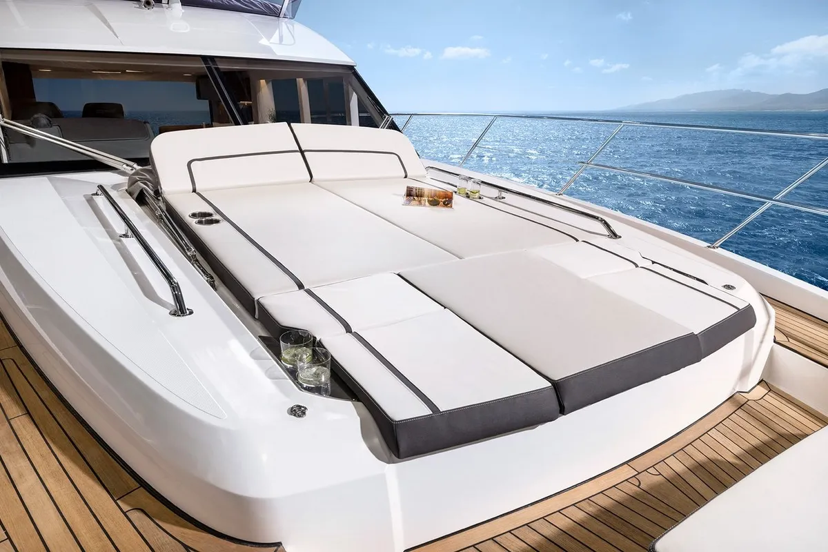 Deck of Ela, a Bavaria R55 Fly motor yacht at Seget Donji, Croatia