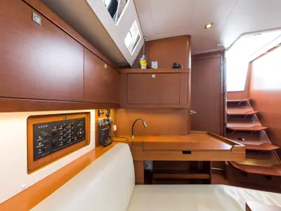 Salon of Rafaella, a Beneteau Oceanis 45 sailboat at Volos, Greece