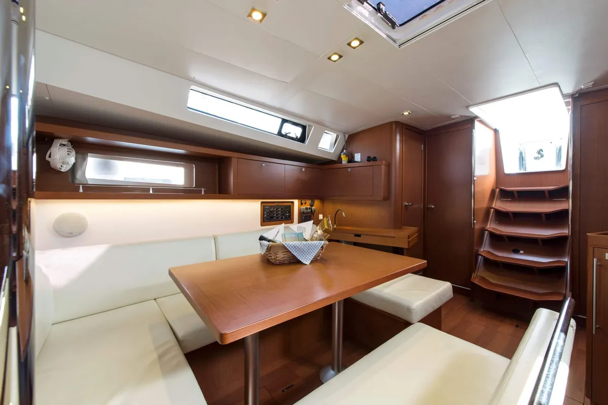 Salon of Rafaella, a Beneteau Oceanis 45 sailboat at Volos, Greece