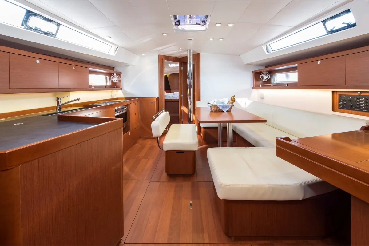 Salon of Rafaella, a Beneteau Oceanis 45 sailboat at Volos, Greece