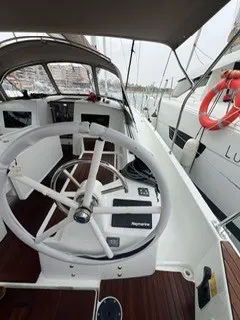 Cockpit of Titzi, a Jeanneau Sun Odyssey 410 sailboat at Palma de Mallorca, Spain
