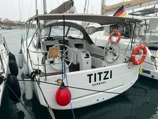 Exterior view of Titzi, a Jeanneau Sun Odyssey 410 sailboat at Palma de Mallorca, Spain