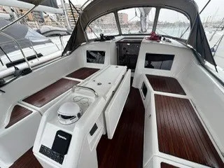 Deck of Titzi, a Jeanneau Sun Odyssey 410 sailboat at Palma de Mallorca, Spain