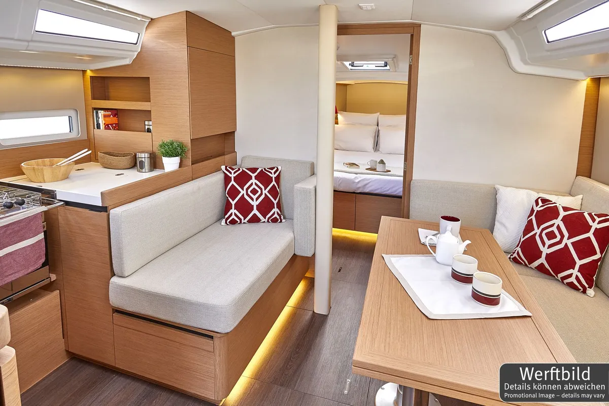 Salon of Titzi, a Jeanneau Sun Odyssey 410 sailboat at Palma de Mallorca, Spain