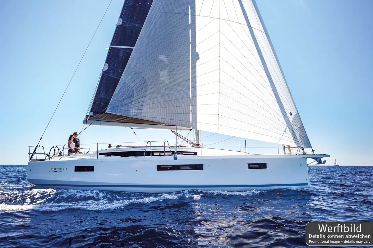 Exterior view of Titzi, a Jeanneau Sun Odyssey 410 sailboat at Palma de Mallorca, Spain
