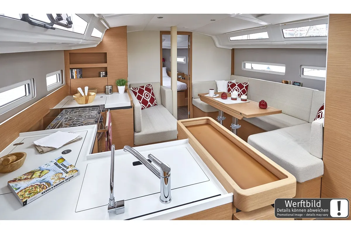 Salon of Titzi, a Jeanneau Sun Odyssey 410 sailboat at Palma de Mallorca, Spain