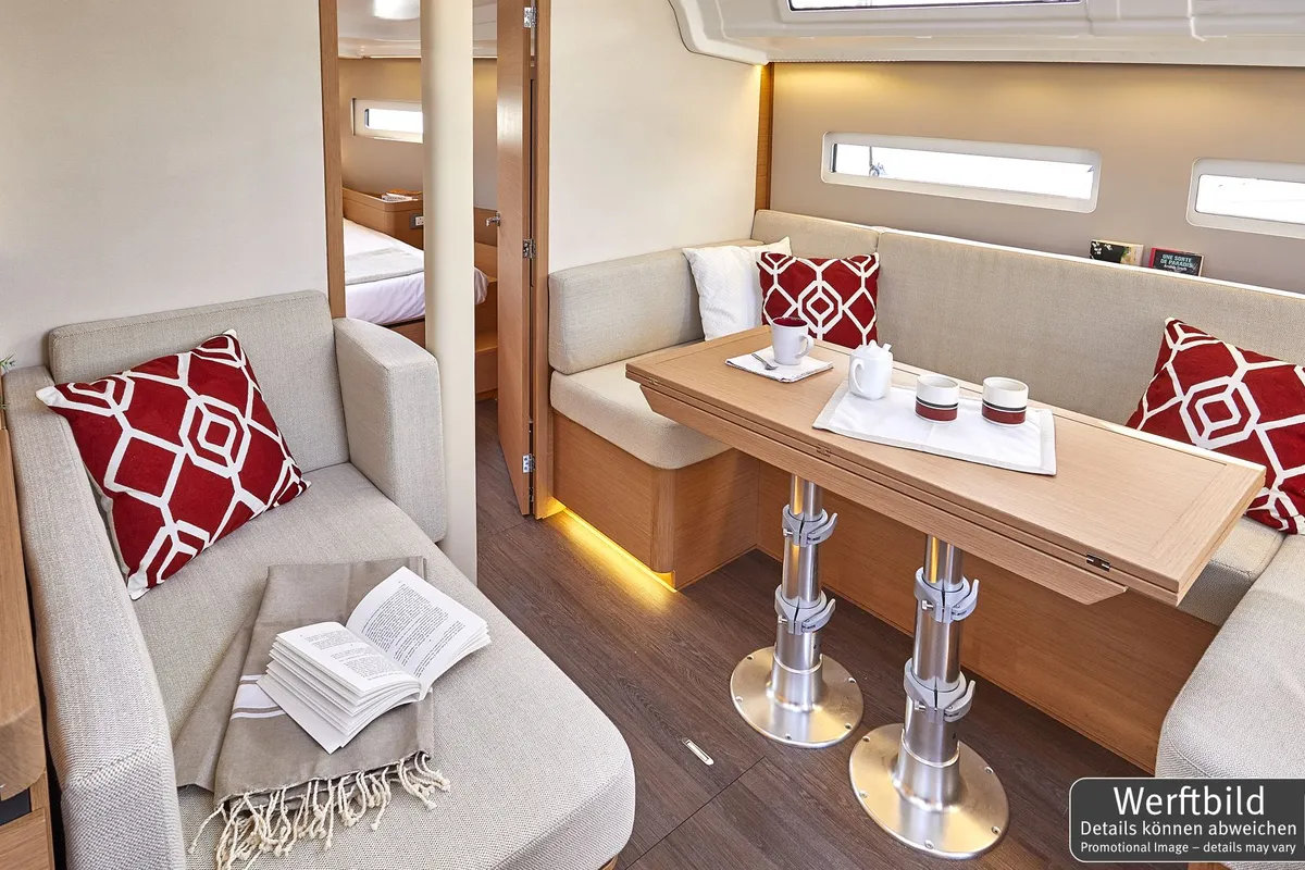 Salon of Titzi, a Jeanneau Sun Odyssey 410 sailboat at Palma de Mallorca, Spain