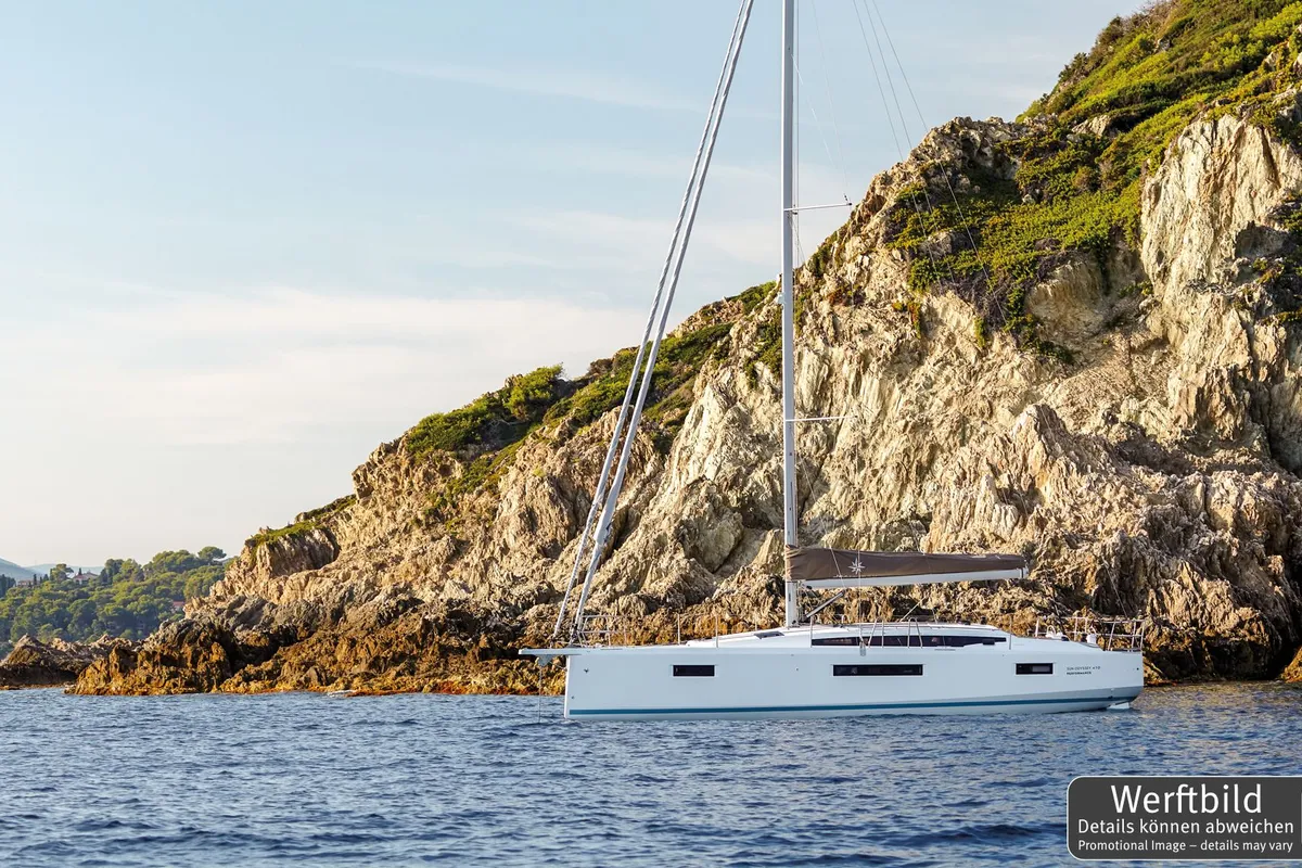 Exterior view of Titzi, a Jeanneau Sun Odyssey 410 sailboat at Palma de Mallorca, Spain
