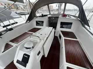 Deck of Titzi, a Jeanneau Sun Odyssey 410 sailboat at Palma de Mallorca, Spain