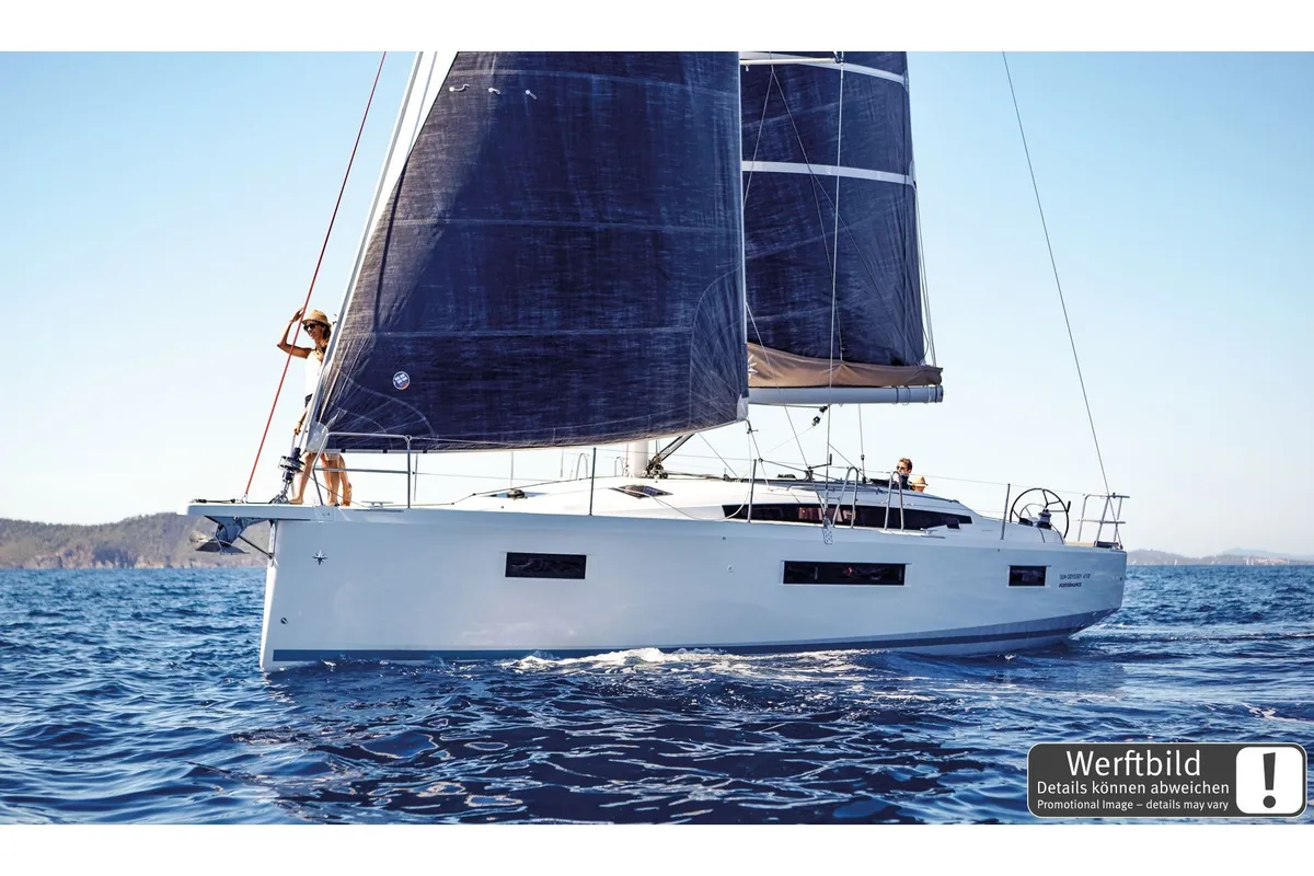 Exterior view of Titzi, a Jeanneau Sun Odyssey 410 sailboat at Palma de Mallorca, Spain