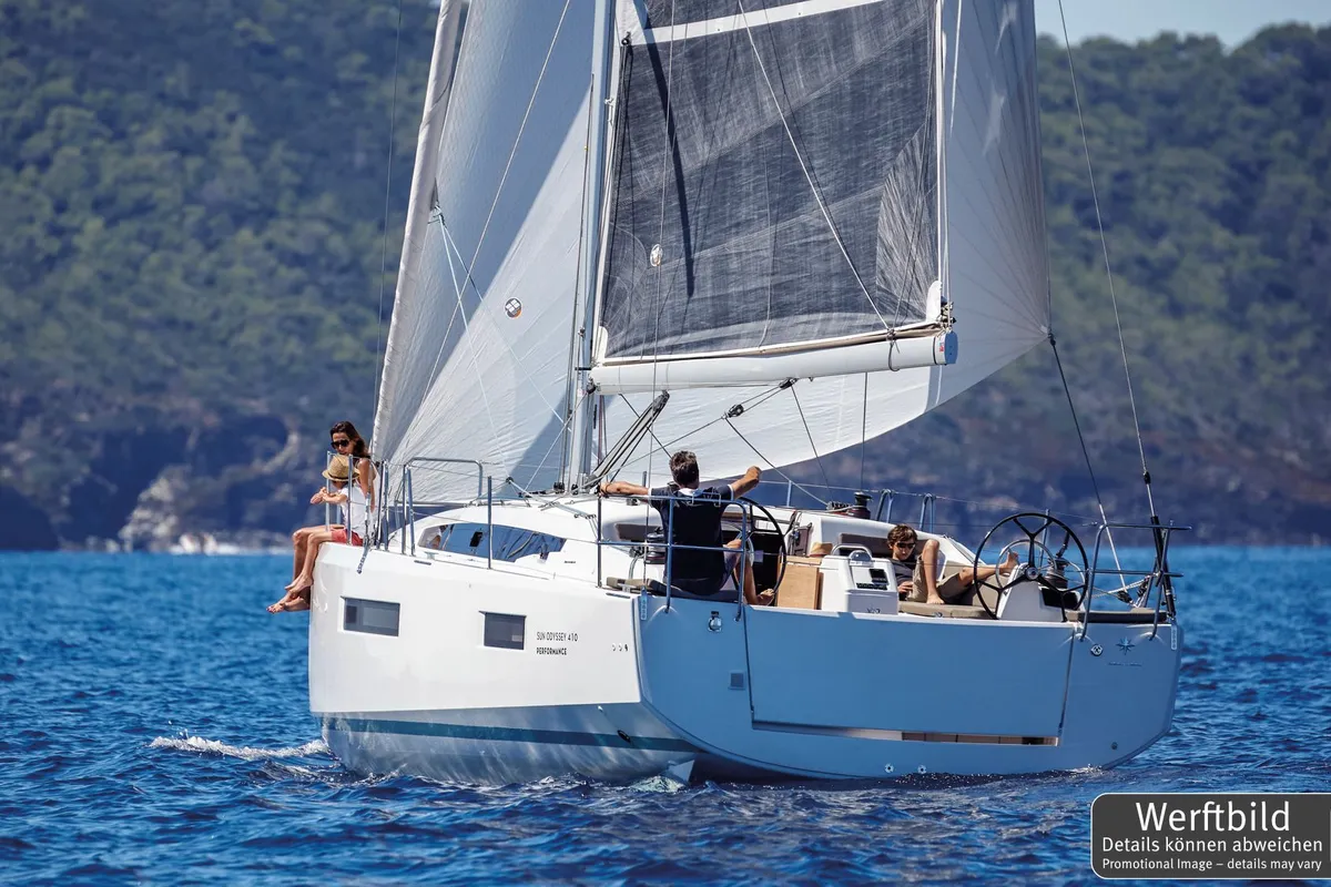 Exterior view of Titzi, a Jeanneau Sun Odyssey 410 sailboat at Palma de Mallorca, Spain