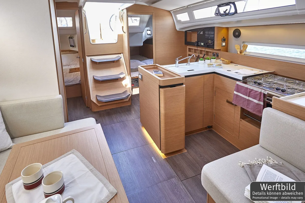 Salon of Titzi, a Jeanneau Sun Odyssey 410 sailboat at Palma de Mallorca, Spain