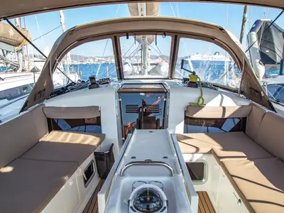 Cockpit of Apostolis, a Jeanneau Sun Odyssey 440 sailboat at Zakynthos Municipal Unit, Greece