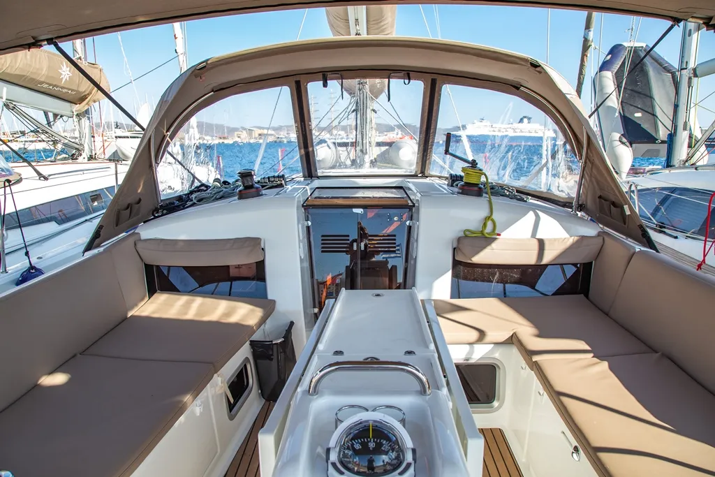 Cockpit of Apostolis, a Jeanneau Sun Odyssey 440 sailboat at Zakynthos Municipal Unit, Greece