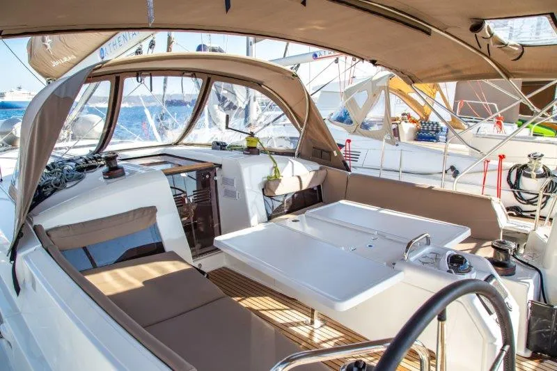 Cockpit of Apostolis, a Jeanneau Sun Odyssey 440 sailboat at Zakynthos Municipal Unit, Greece