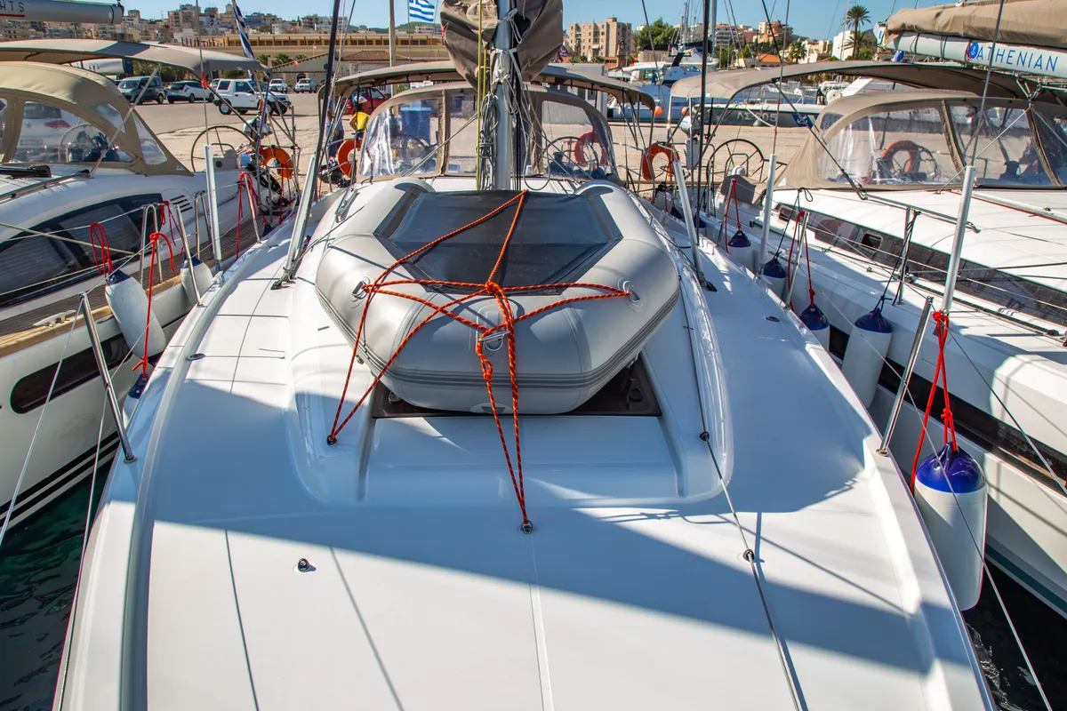 Deck of Apostolis, a Jeanneau Sun Odyssey 440 sailboat at Zakynthos Municipal Unit, Greece