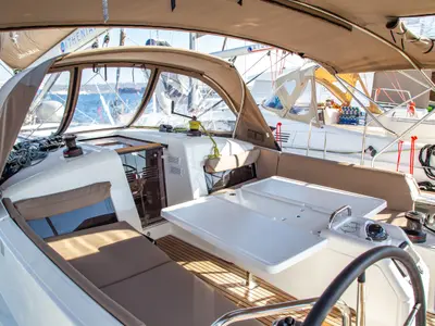 Deck of Apostolis, a Jeanneau Sun Odyssey 440 sailboat at Zakynthos Municipal Unit, Greece