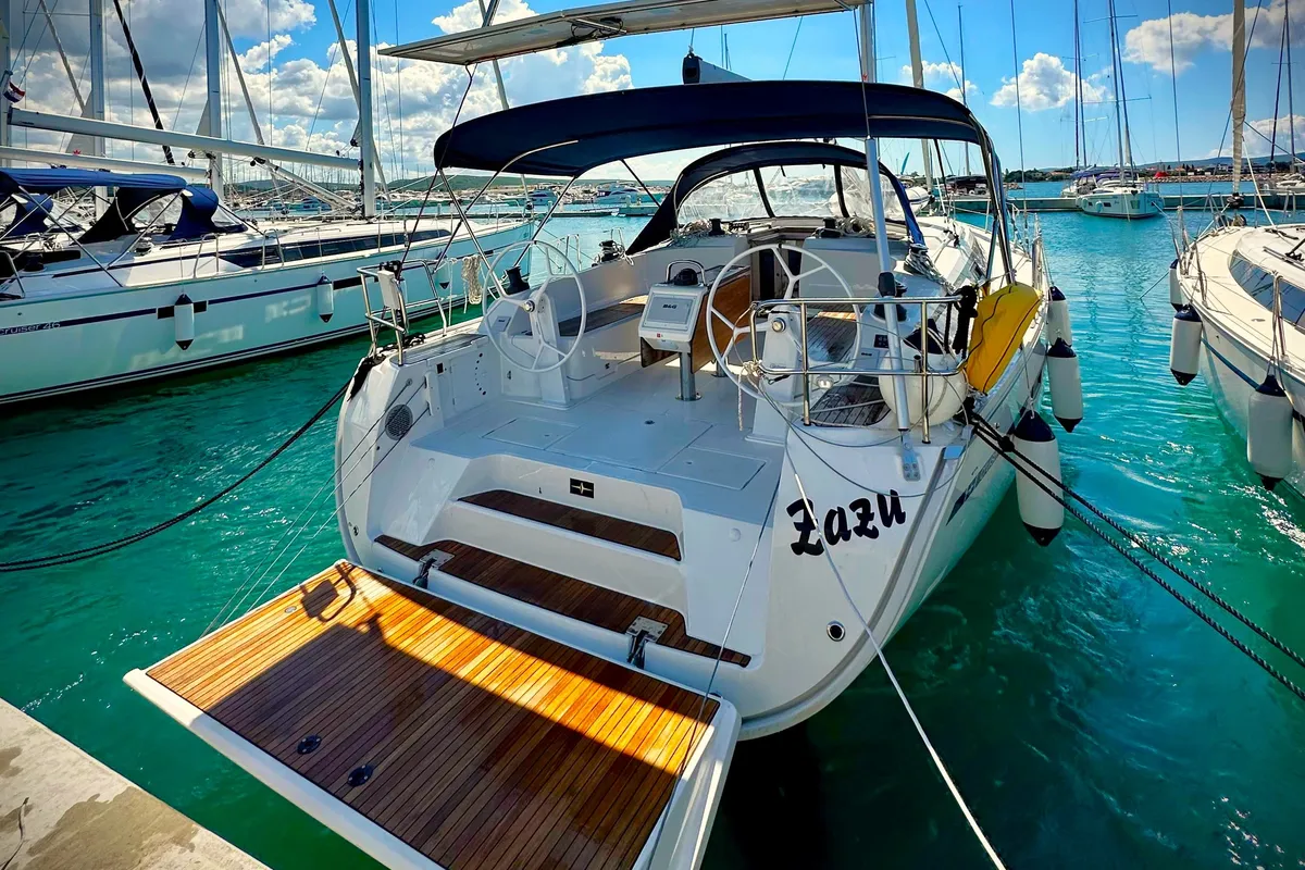 Exterior view of Zazu, a Bavaria Cruiser 46 sailboat at Sukošan, Croatia