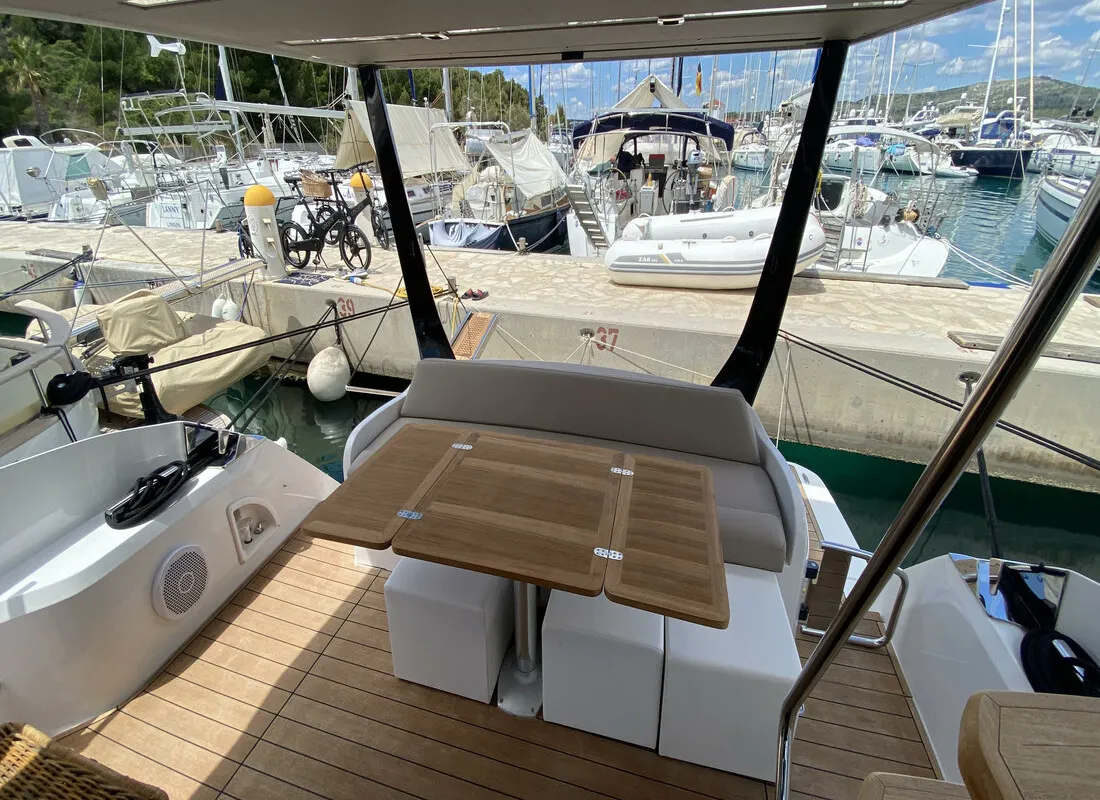 Deck of Sid One, a Sessa Fly 47 motor yacht at Grad Šibenik, Croatia