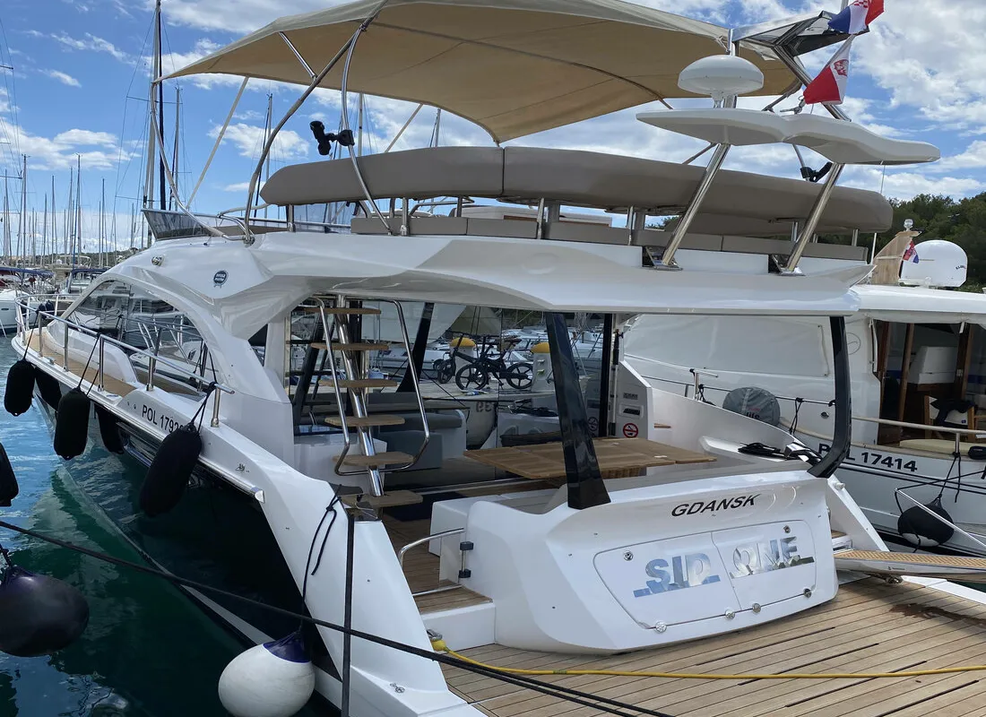 Deck of Sid One, a Sessa Fly 47 motor yacht at Grad Šibenik, Croatia
