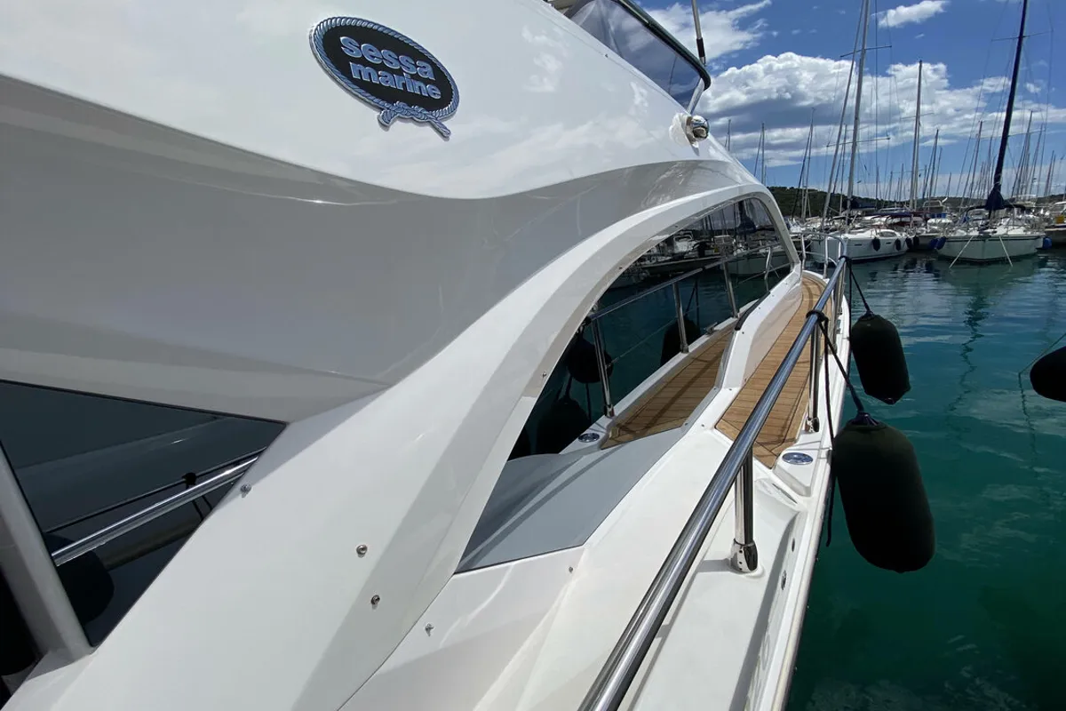 Deck of Sid One, a Sessa Fly 47 motor yacht at Grad Šibenik, Croatia