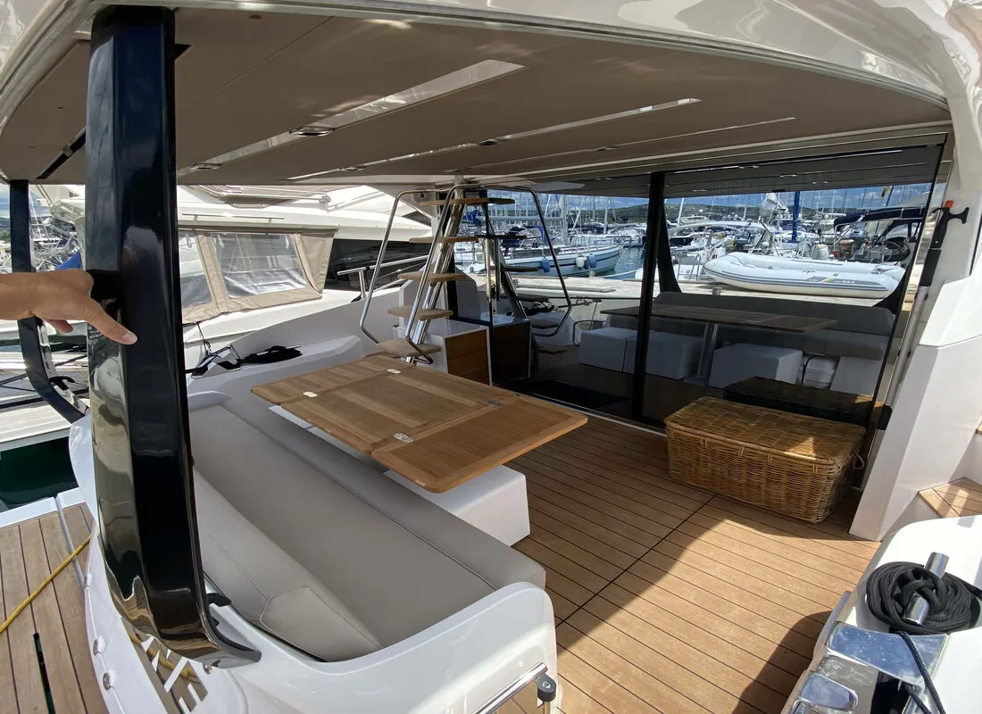 Deck of Sid One, a Sessa Fly 47 motor yacht at Grad Šibenik, Croatia