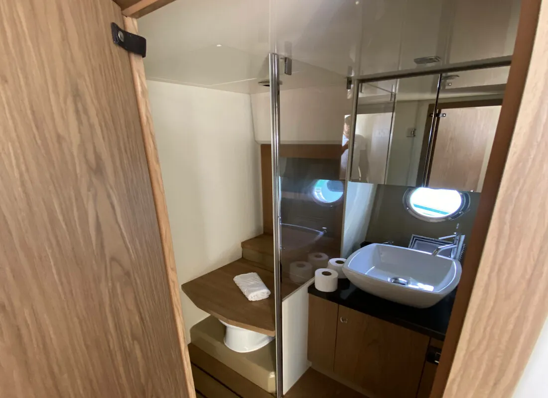 Cabin on Sid One, a Sessa Fly 47 motor yacht at Grad Šibenik, Croatia