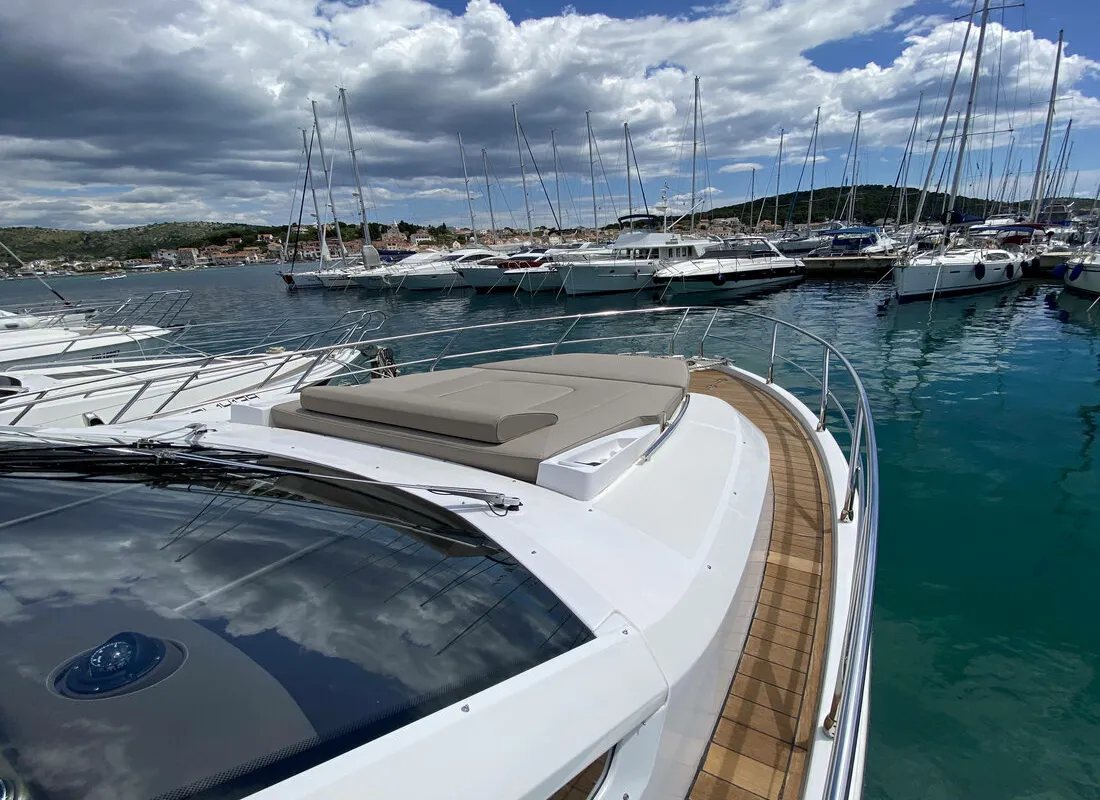Deck of Sid One, a Sessa Fly 47 motor yacht at Grad Šibenik, Croatia