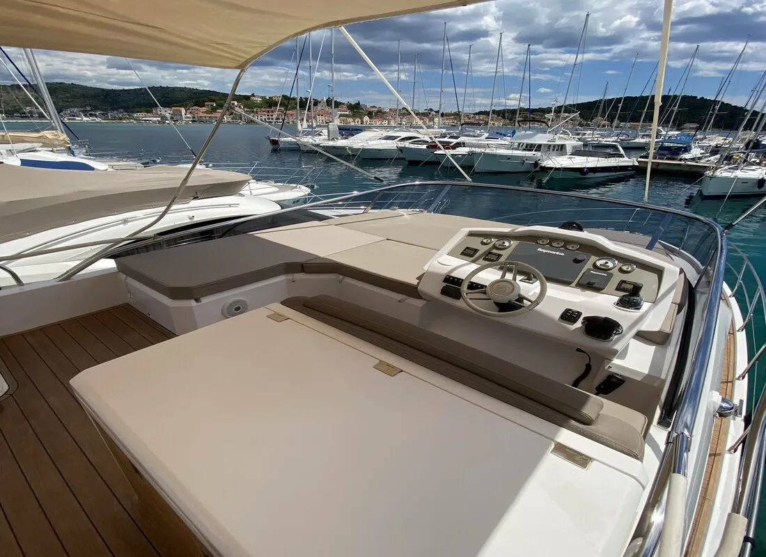 Cockpit of Sid One, a Sessa Fly 47 motor yacht at Grad Šibenik, Croatia