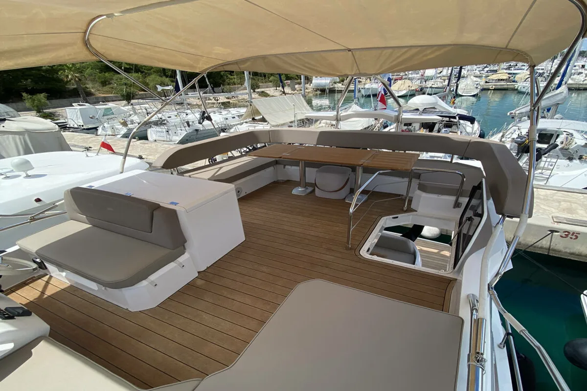 Deck of Sid One, a Sessa Fly 47 motor yacht at Grad Šibenik, Croatia