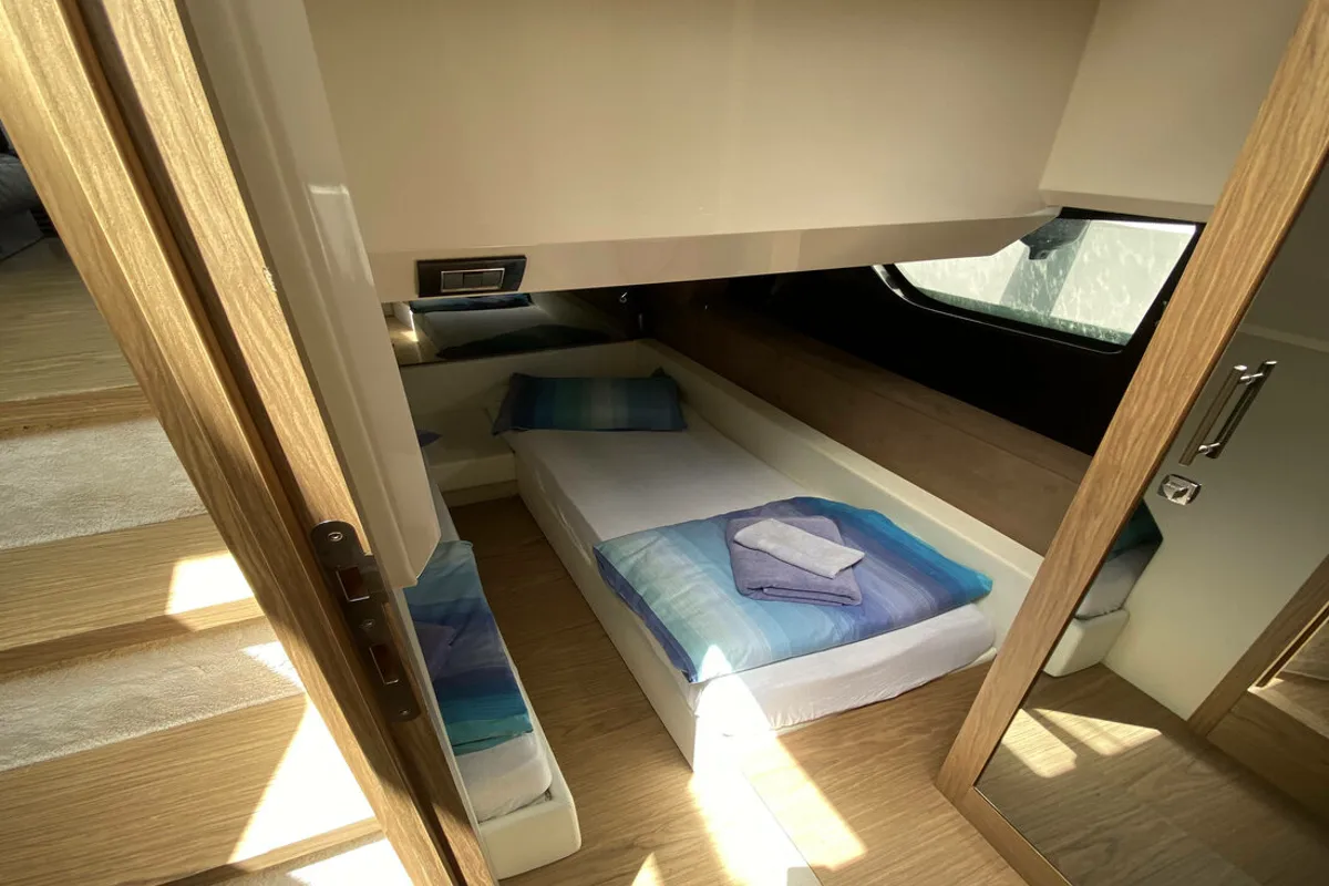 Cabin on Sid One, a Sessa Fly 47 motor yacht at Grad Šibenik, Croatia