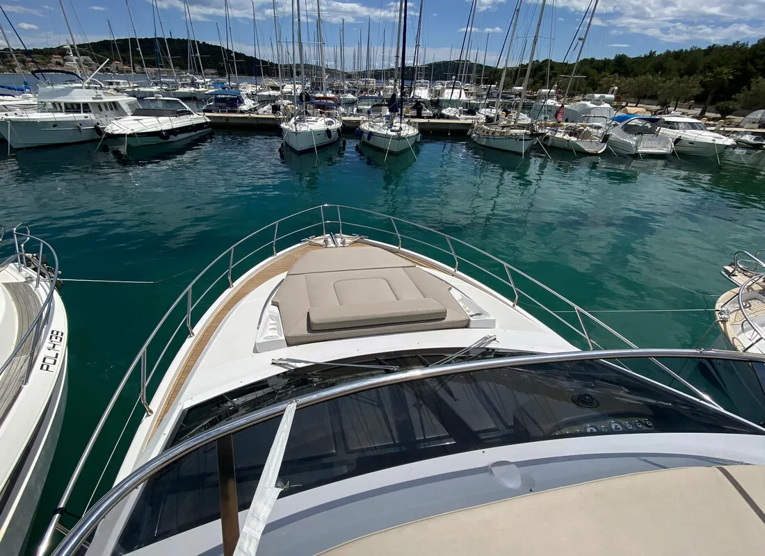 Deck of Sid One, a Sessa Fly 47 motor yacht at Grad Šibenik, Croatia