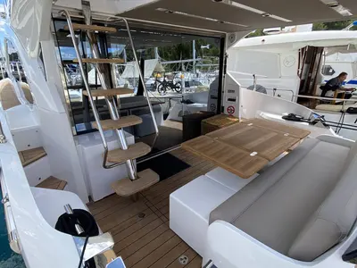 Deck of Sid One, a Sessa Fly 47 motor yacht at Grad Šibenik, Croatia