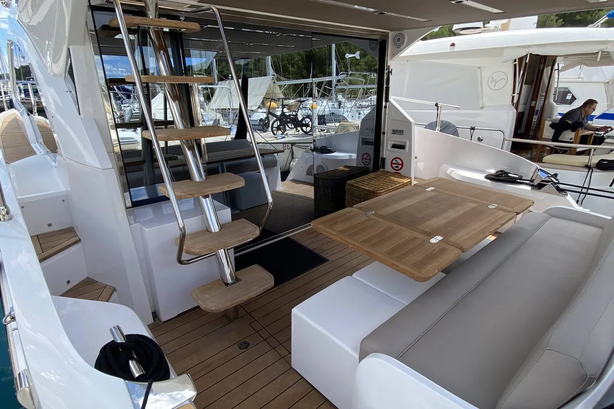 Deck of Sid One, a Sessa Fly 47 motor yacht at Grad Šibenik, Croatia