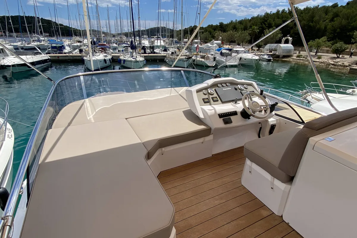 Cockpit of Sid One, a Sessa Fly 47 motor yacht at Grad Šibenik, Croatia