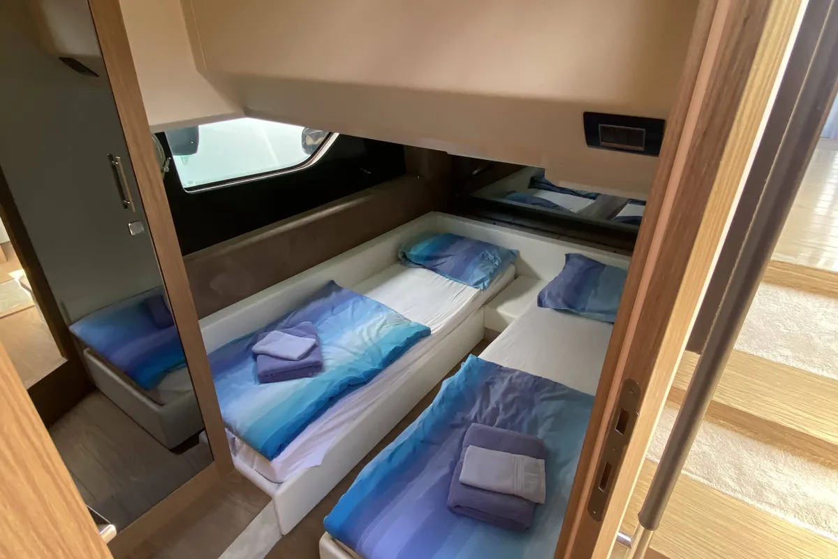 Cabin on Sid One, a Sessa Fly 47 motor yacht at Grad Šibenik, Croatia