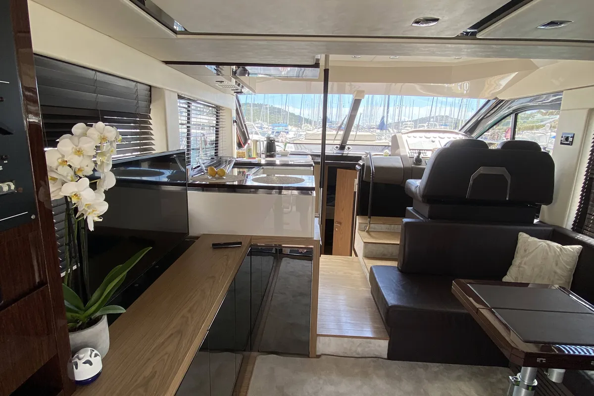Salon of Sid One, a Sessa Fly 47 motor yacht at Grad Šibenik, Croatia