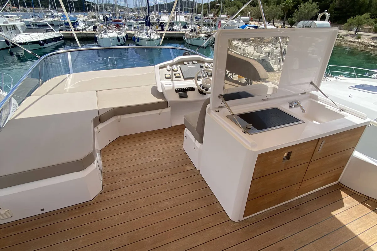 Cockpit of Sid One, a Sessa Fly 47 motor yacht at Grad Šibenik, Croatia