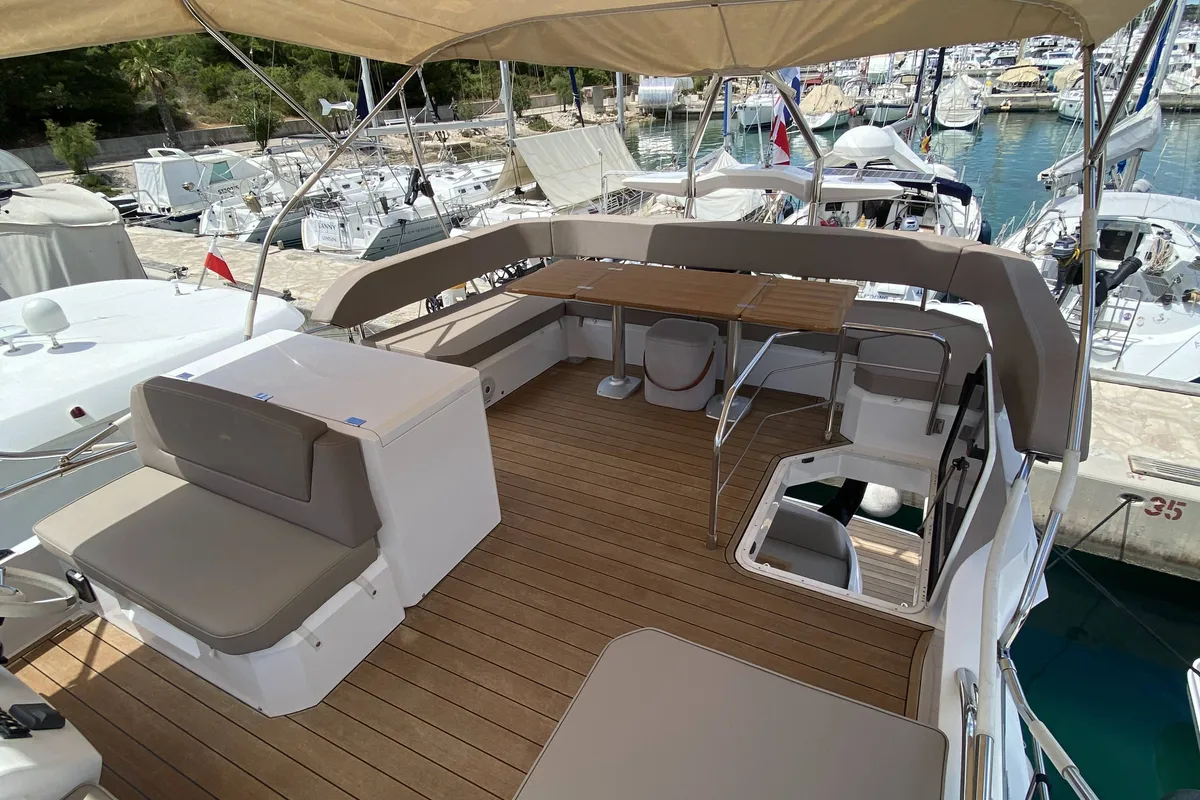Deck of Sid One, a Sessa Fly 47 motor yacht at Grad Šibenik, Croatia