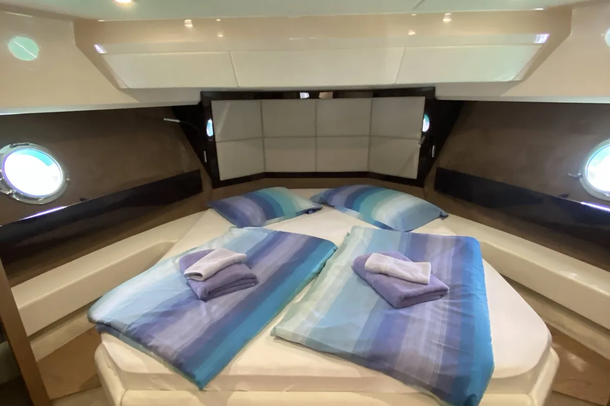 Cabin on Sid One, a Sessa Fly 47 motor yacht at Grad Šibenik, Croatia