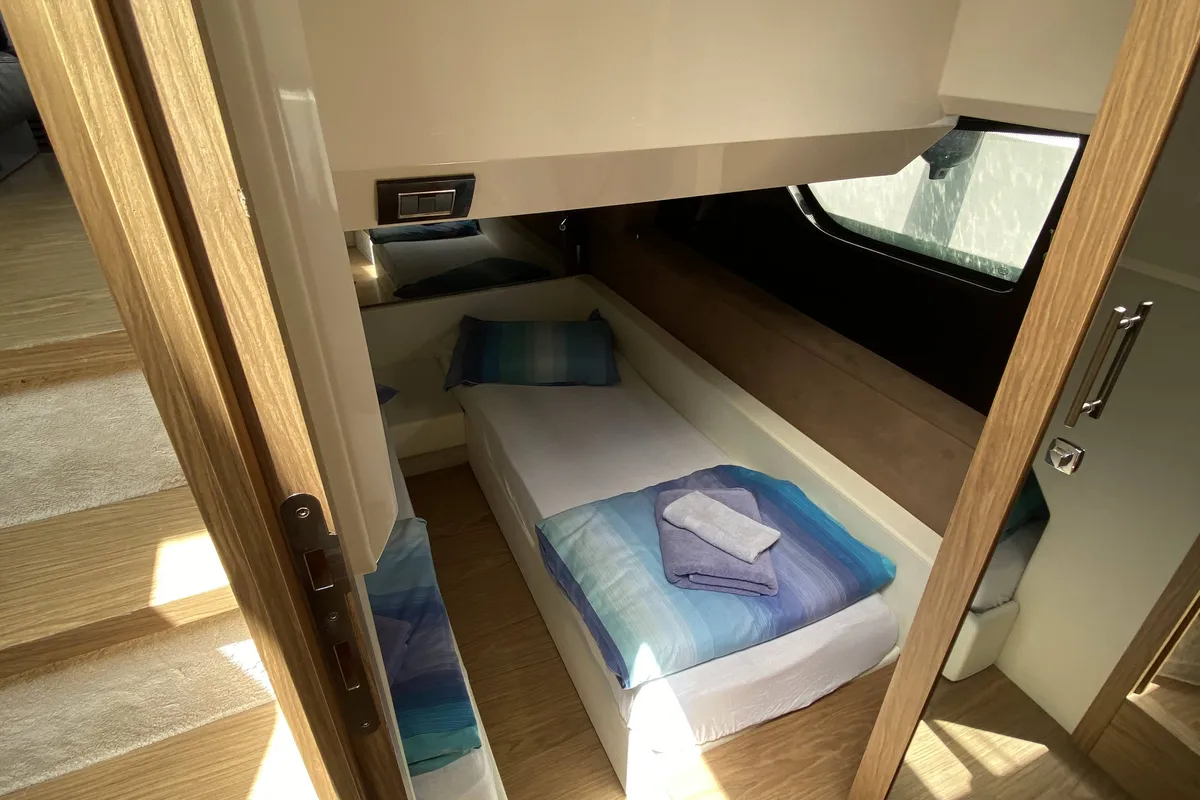 Cabin on Sid One, a Sessa Fly 47 motor yacht at Grad Šibenik, Croatia