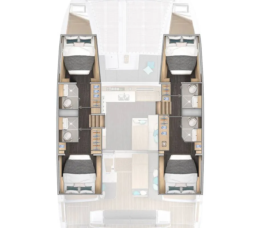 Floor plan of Lagoon 43, a catamaran at Rogoznica, Croatia
