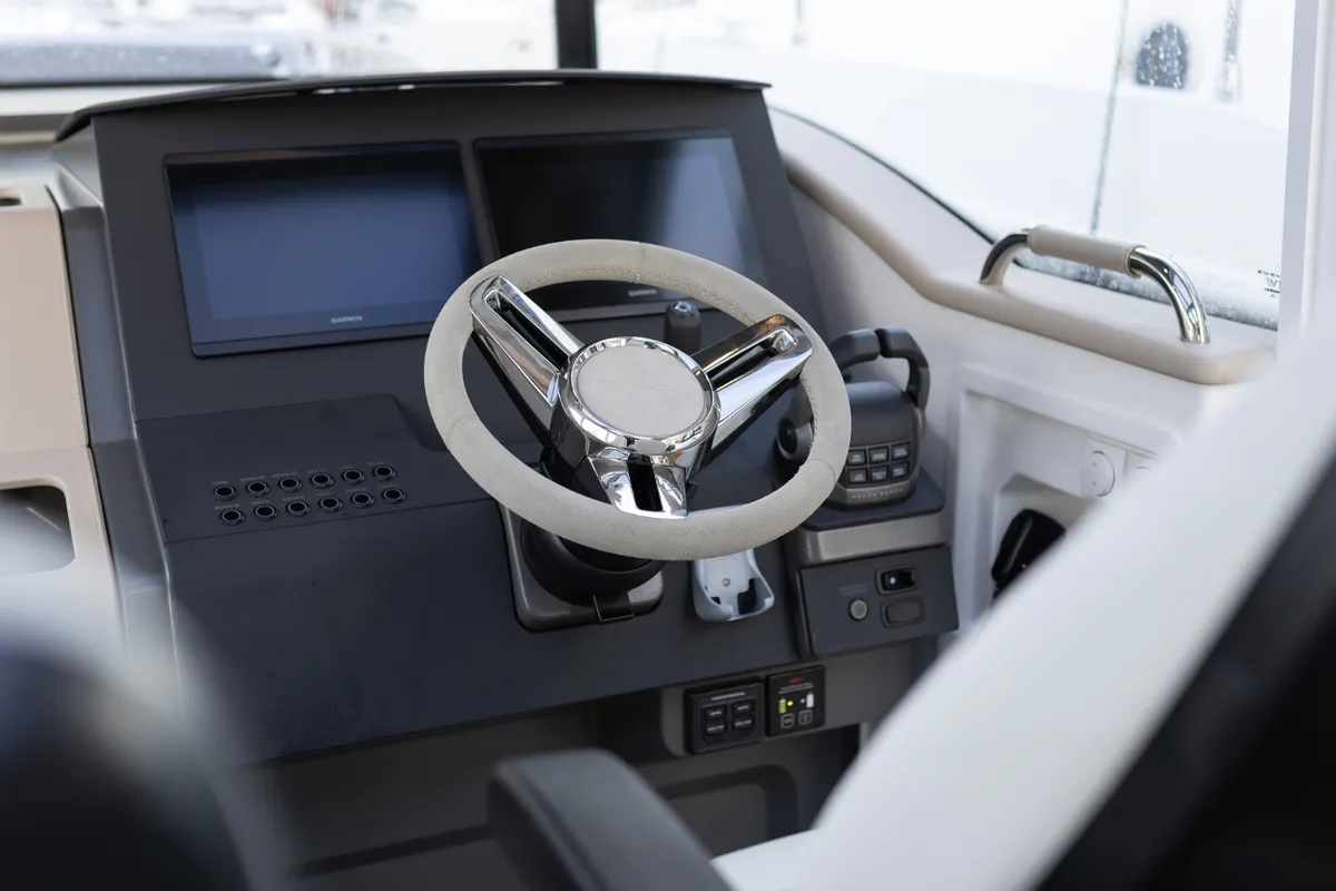 Cockpit of POSEIDON, a Nimbus Commuter C11 motorboat at Split, Croatia