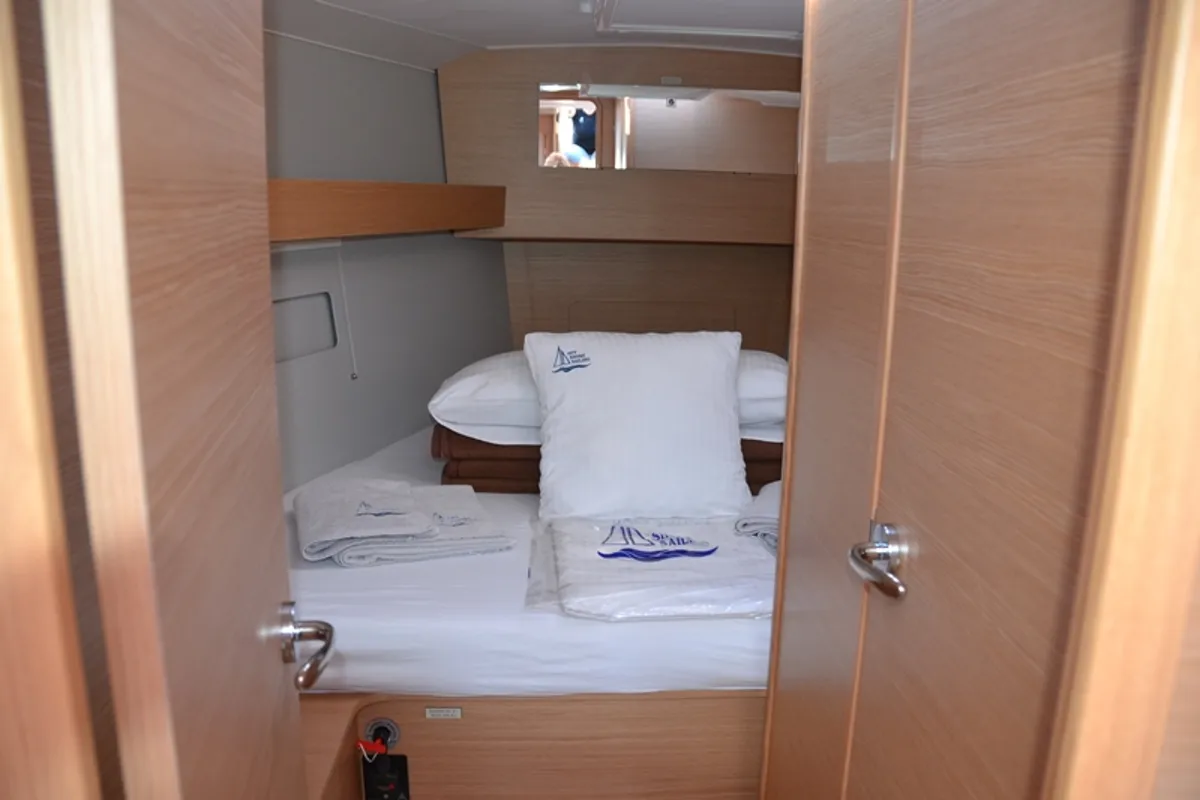 Cabin on Cordelia, a Dufour 390 Grand Large sailboat at Marmaris, Turkey