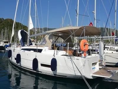 Exterior view of Cordelia, a Dufour 390 Grand Large sailboat at Marmaris, Turkey