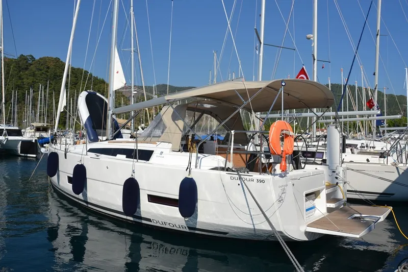 Exterior view of Cordelia, a Dufour 390 Grand Large sailboat at Marmaris, Turkey